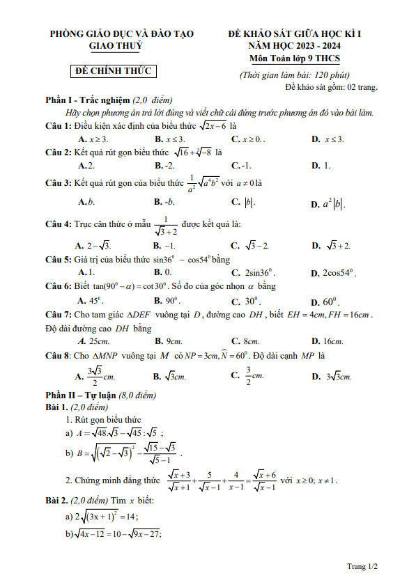 đề giữa học kì 1 toán 9 năm 2023 – 2024 phòng gd&đt giao thuỷ – nam định