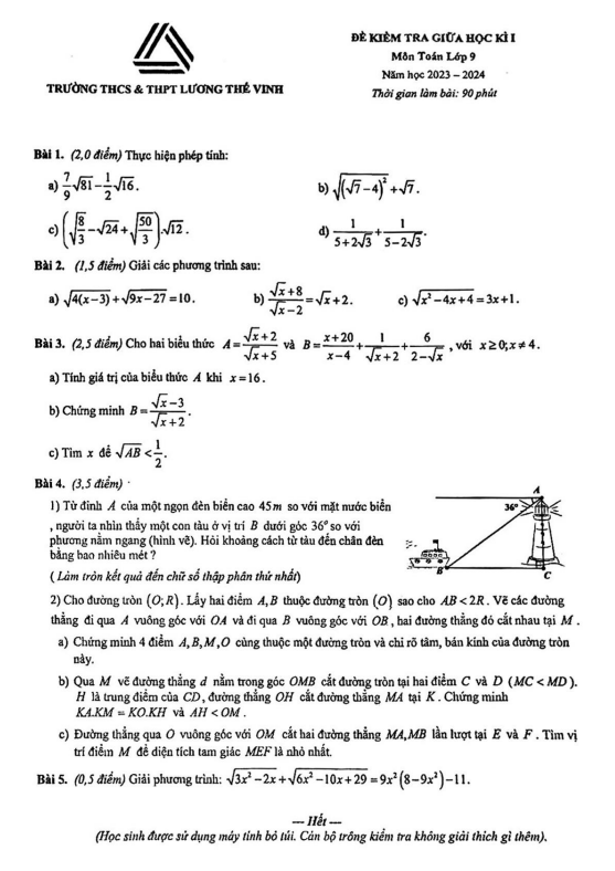 đề giữa học kì 1 toán 9 năm 2023 – 2024 trường lương thế vinh – hà nội
