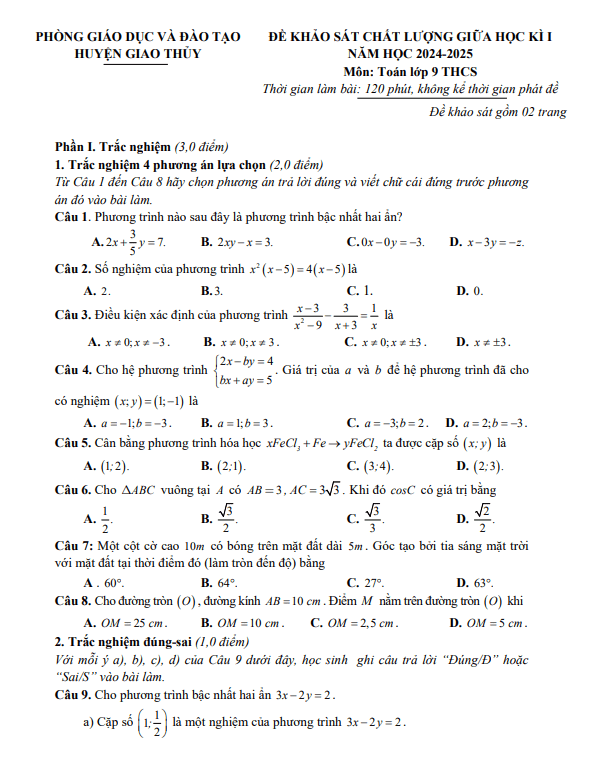 đề giữa học kì 1 toán 9 năm 2024 – 2025 phòng gd&đt giao thủy – nam định