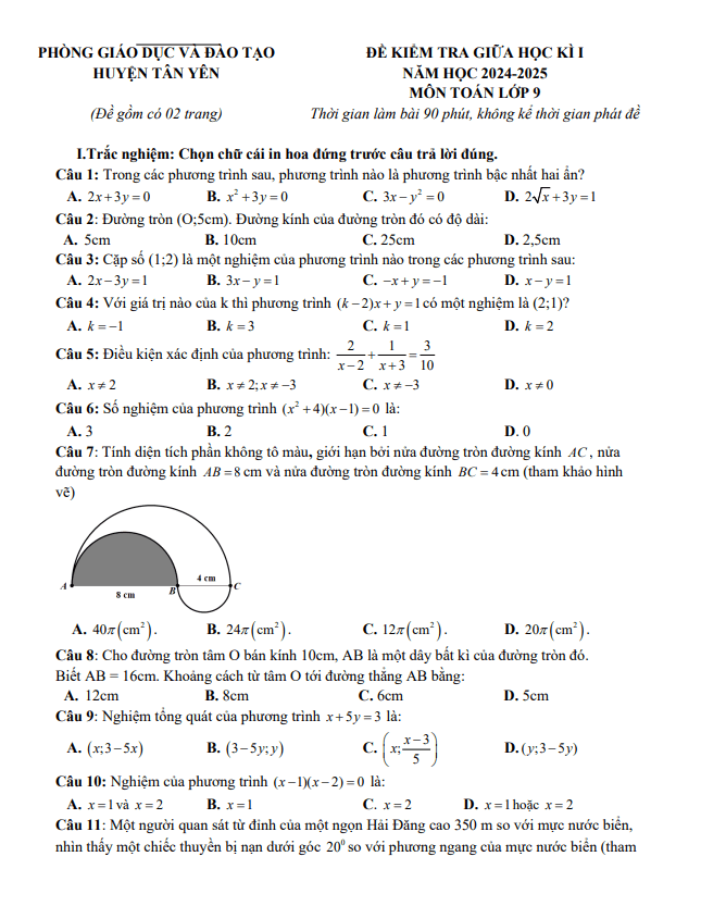 đề giữa học kì 1 toán 9 năm 2024 – 2025 phòng gd&đt tân yên – bắc giang