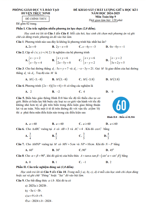 đề giữa học kì 1 toán 9 năm 2024 – 2025 phòng gd&đt trực ninh – nam định