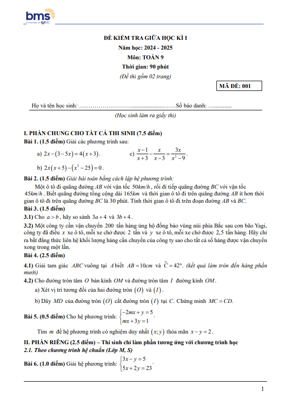 đề giữa học kì 1 toán 9 năm 2024 – 2025 trường ban mai school – hà nội