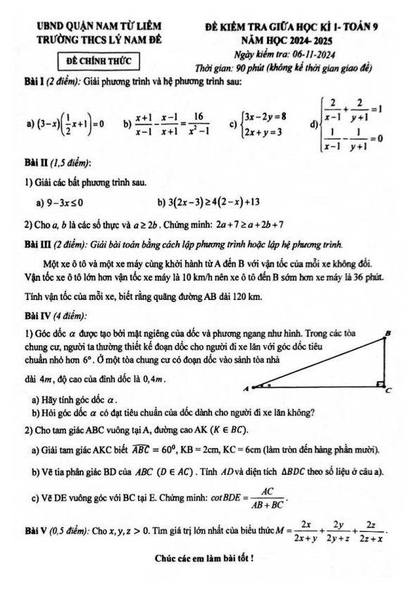 đề giữa học kì 1 toán 9 năm 2024 – 2025 trường thcs lý nam đế – hà nội