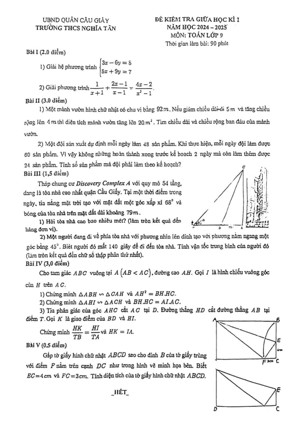 đề giữa học kì 1 toán 9 năm 2024 – 2025 trường thcs nghĩa tân – hà nội