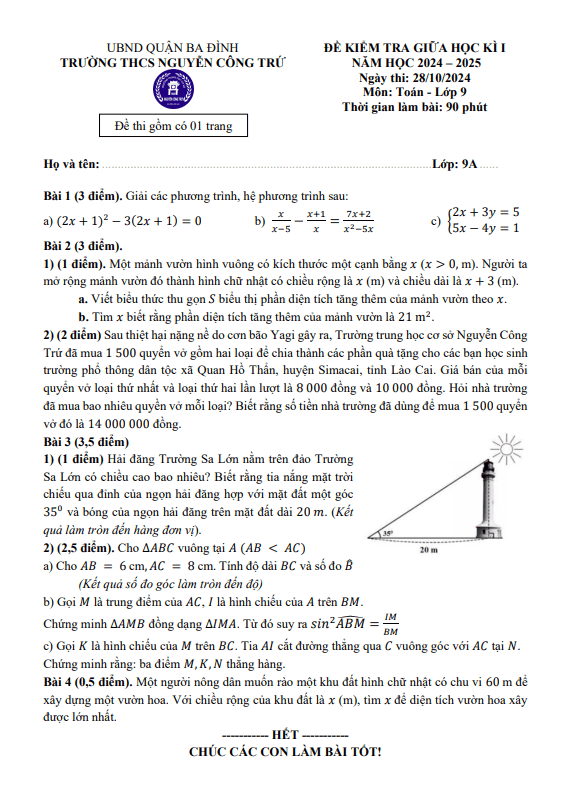 đề giữa học kì 1 toán 9 năm 2024 – 2025 trường thcs nguyễn công trứ – hà nội
