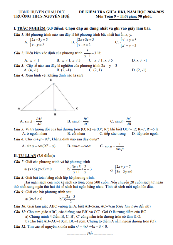 đề giữa học kì 1 toán 9 năm 2024 – 2025 trường thcs nguyễn huệ – br vt