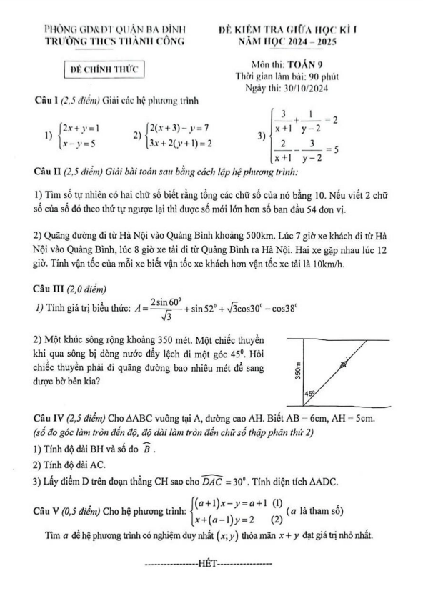 đề giữa học kì 1 toán 9 năm 2024 – 2025 trường thcs thành công – hà nội