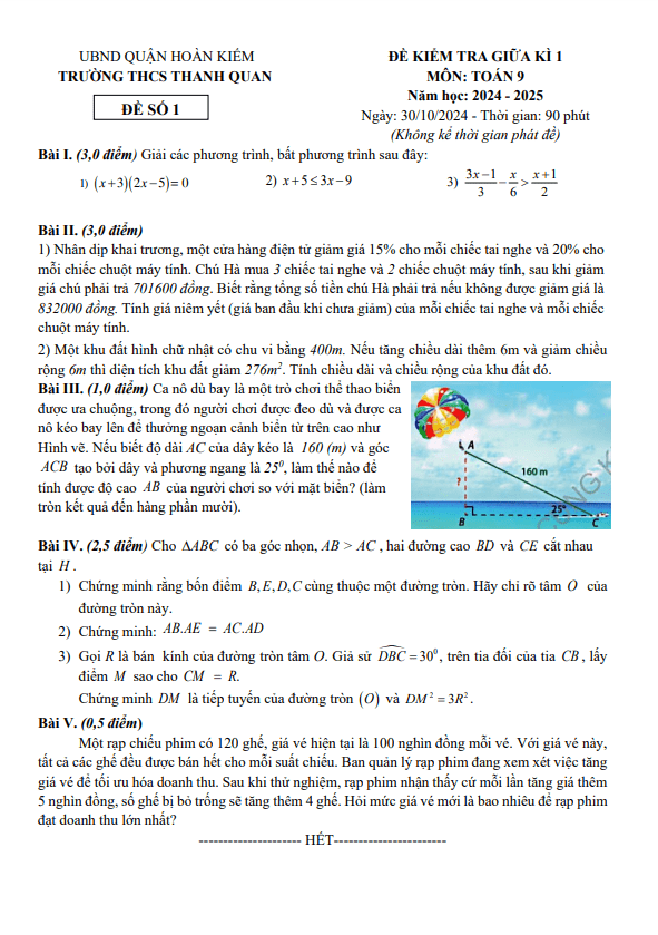 đề giữa học kì 1 toán 9 năm 2024 – 2025 trường thcs thanh quan – hà nội