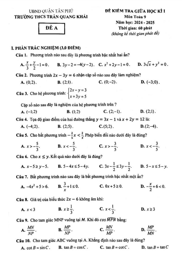 đề giữa học kì 1 toán 9 năm 2024 – 2025 trường thcs trần quang khải – tp hcm