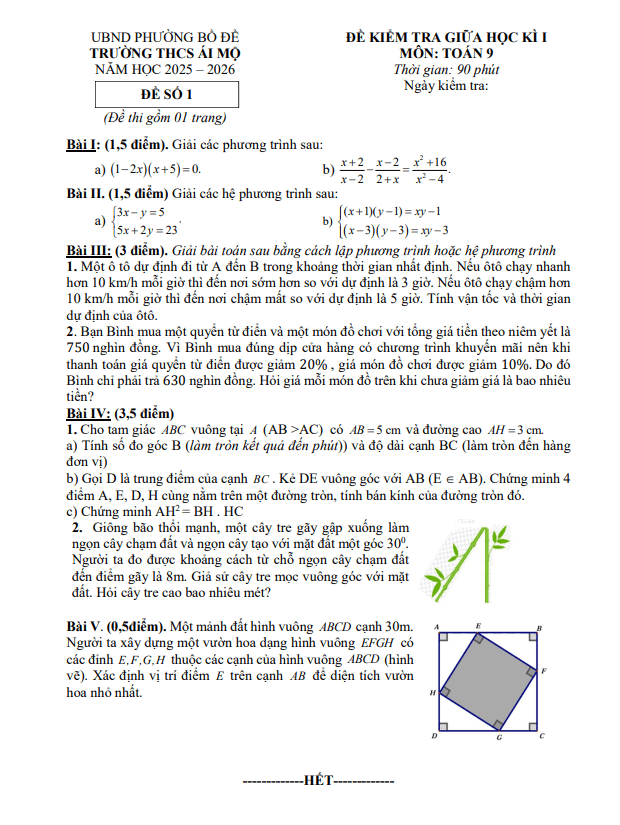 đề giữa học kì 1 toán 9 năm 2025 – 2026 trường thcs ái mộ – hà nội