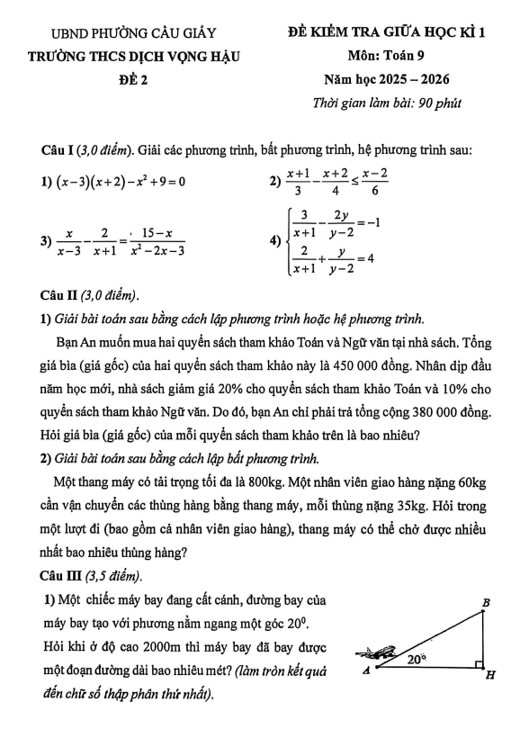 đề giữa học kì 1 toán 9 năm 2025 – 2026 trường thcs dịch vọng hậu – hà nội