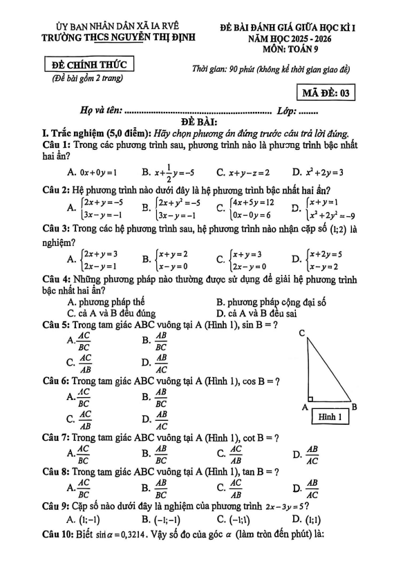 đề giữa học kì 1 toán 9 năm 2025 – 2026 trường thcs nguyễn thị định – đắk lắk
