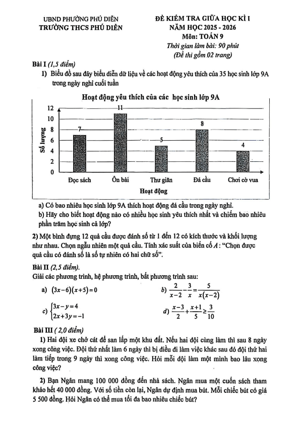 đề giữa học kì 1 toán 9 năm 2025 – 2026 trường thcs phú diễn – hà nội