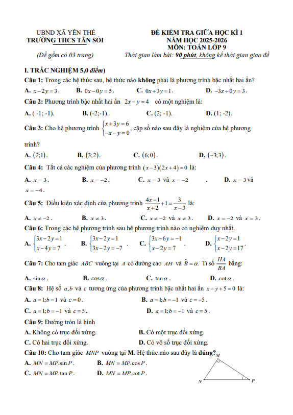 đề giữa học kì 1 toán 9 năm 2025 – 2026 trường thcs tân sỏi – bắc ninh