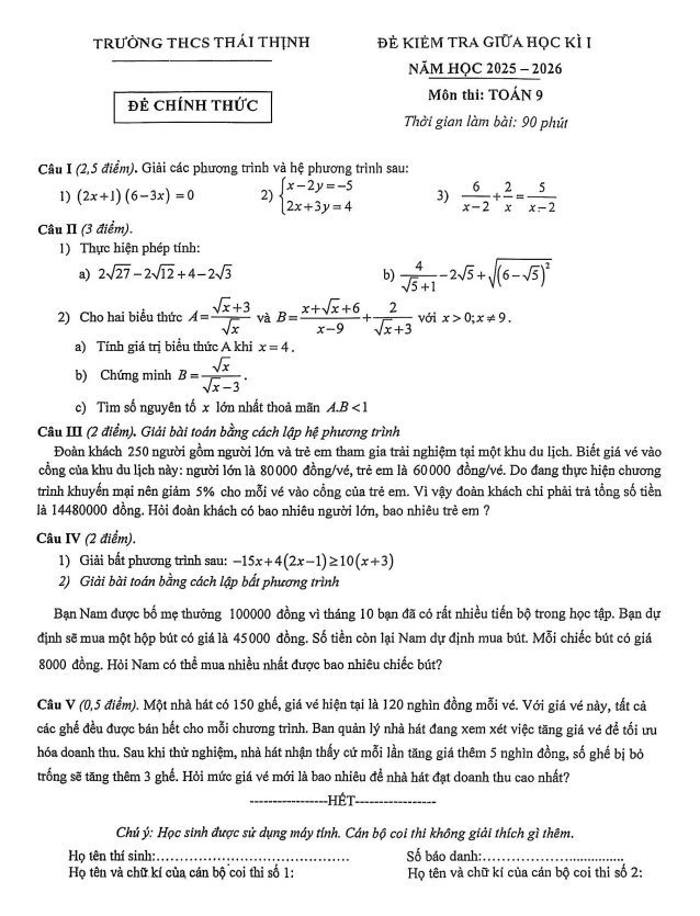 đề giữa học kì 1 toán 9 năm 2025 – 2026 trường thcs thái thịnh – hà nội