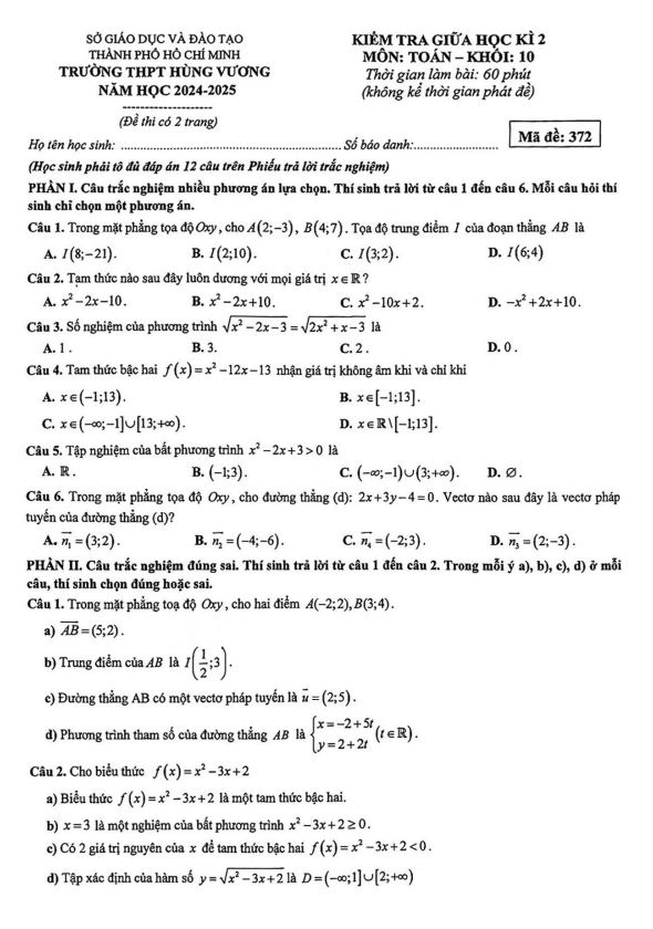 đề giữa học kì 2 toán 10 năm 2024 – 2025 trường thpt hùng vương – tp hcm