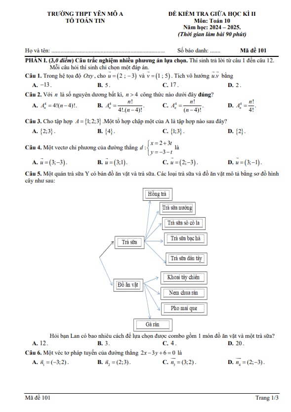 đề giữa học kì 2 toán 10 năm 2024 – 2025 trường thpt yên mô a – ninh bình