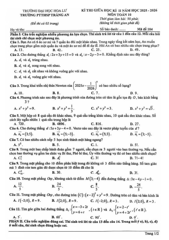 đề giữa học kì 2 toán 10 năm 2025 – 2026 trường ptthsp tràng an – ninh bình