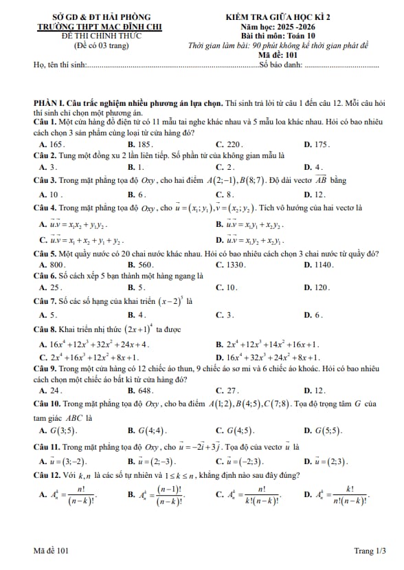 đề giữa học kì 2 toán 10 năm 2025 – 2026 trường thpt mạc đĩnh chi – hải phòng