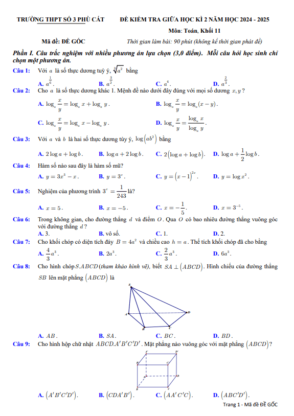 đề giữa học kì 2 toán 11 năm 2024 – 2025 trường thpt phù cát 3 – bình định