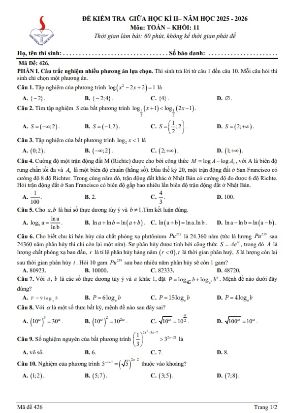 đề giữa học kì 2 toán 11 năm 2025 – 2026 trường thpt võ thị sáu – tp hcm