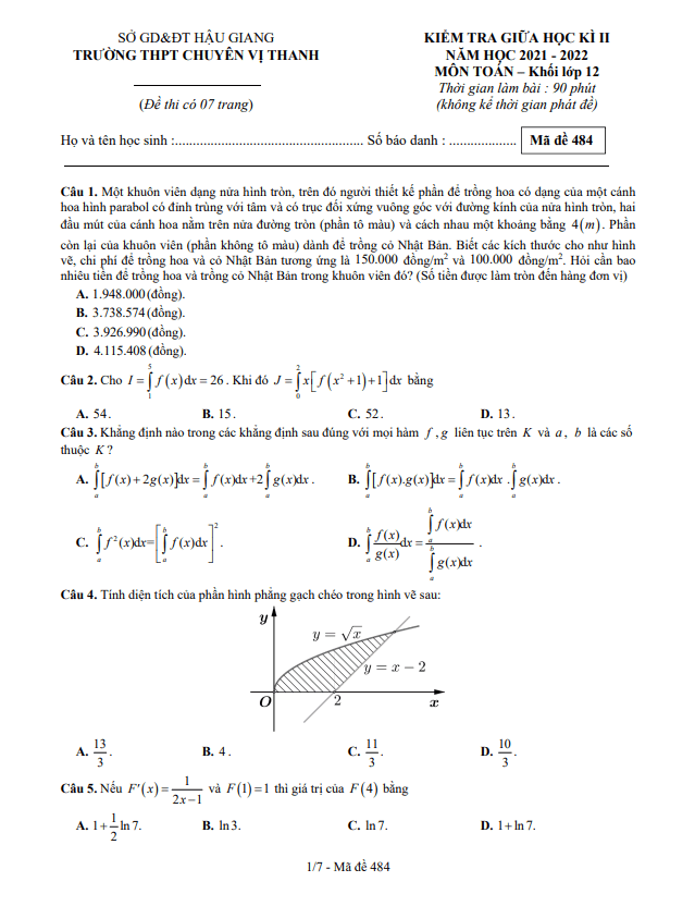 đề giữa học kì 2 toán 12 năm 2021 – 2022 trường chuyên vị thanh – hậu giang