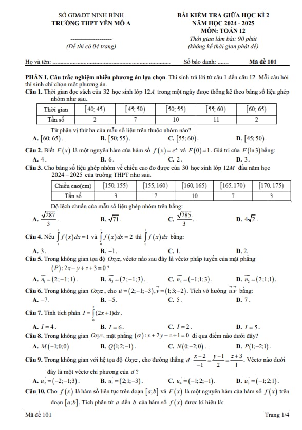 đề giữa học kì 2 toán 12 năm 2024 – 2025 trường thpt yên mô a – ninh bình