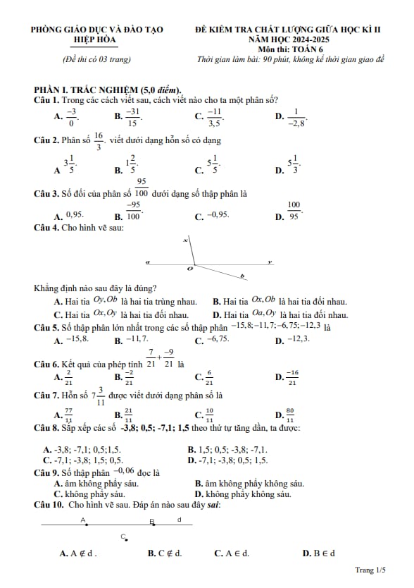 đề giữa học kì 2 toán 6 năm 2024 – 2025 phòng gd&đt hiệp hòa – bắc giang
