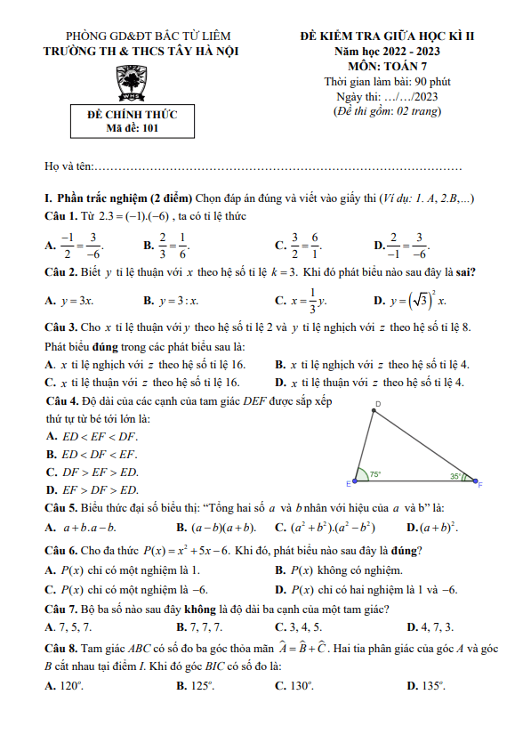 đề giữa học kì 2 toán 7 năm 2022 – 2023 trường th & thcs tây hà nội