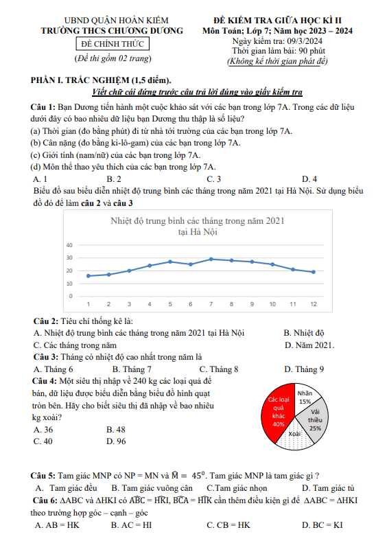 đề giữa học kì 2 toán 7 năm 2023 – 2024 trường thcs chương dương – hà nội