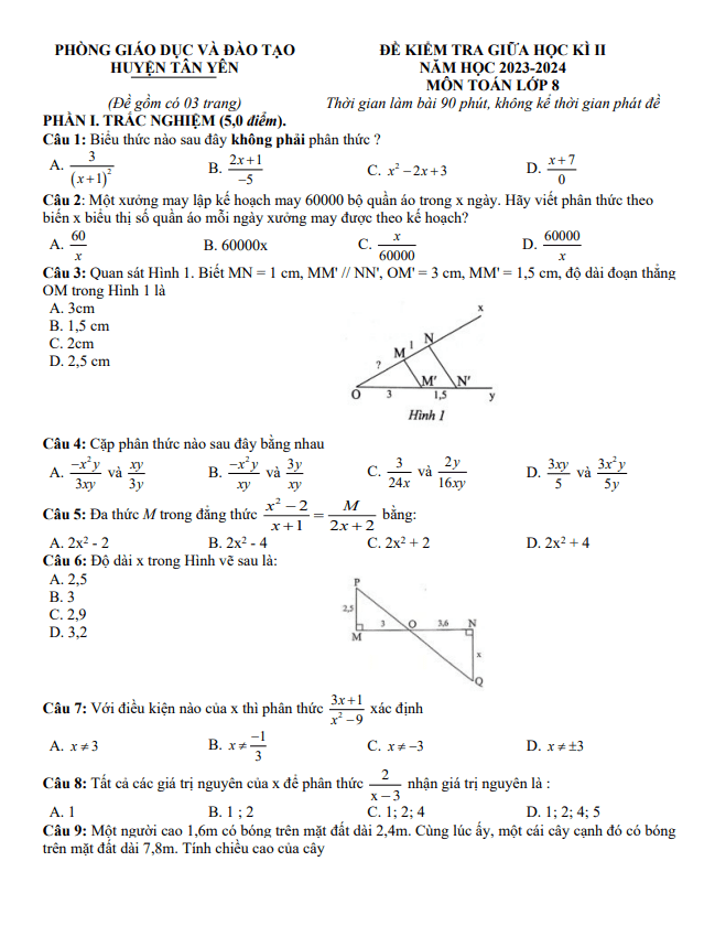 đề giữa học kì 2 toán 8 năm 2023 – 2024 phòng gd&đt tân yên – bắc giang