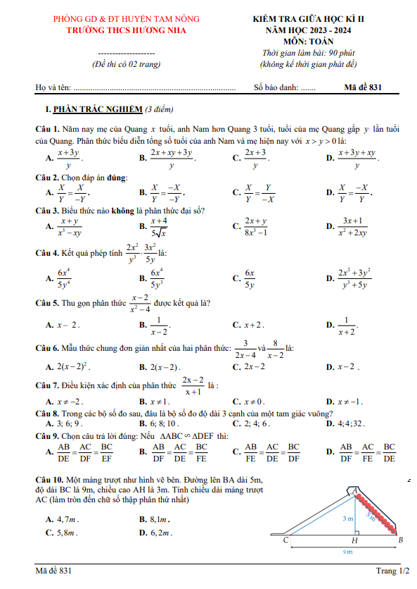 đề giữa học kì 2 toán 8 năm 2023 – 2024 trường thcs hương nha – phú thọ