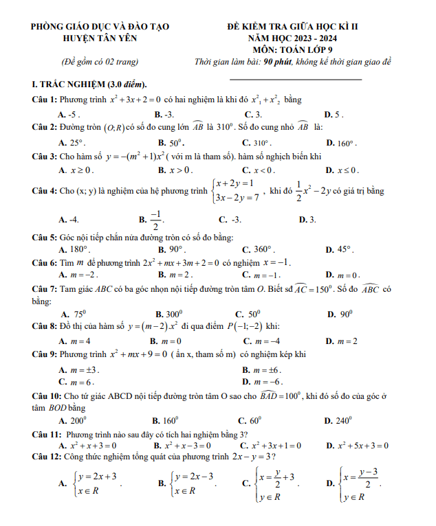 đề giữa học kì 2 toán 9 năm 2023 – 2024 phòng gd&đt tân yên – bắc giang