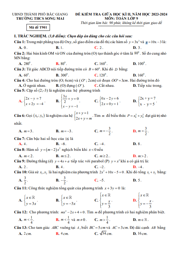 đề giữa học kì 2 toán 9 năm 2023 – 2024 trường thcs song mai – bắc giang