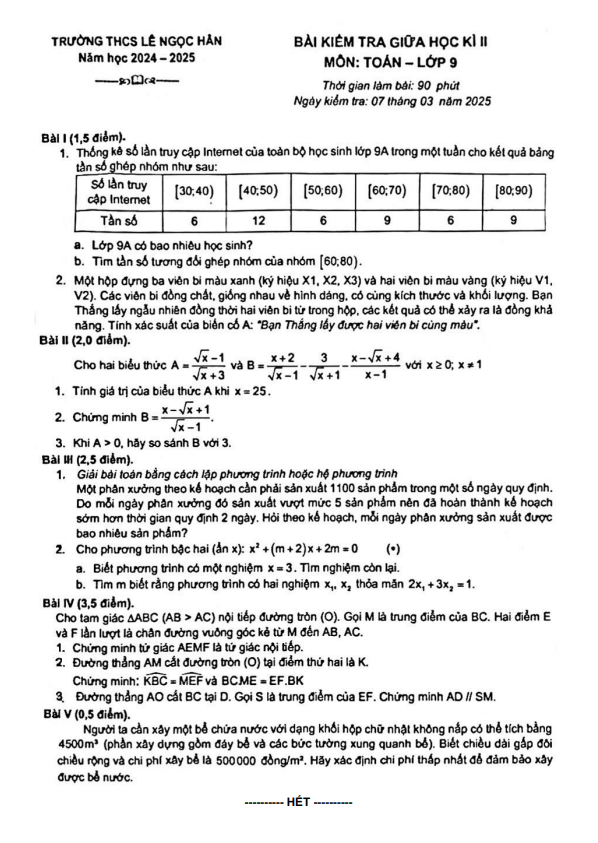 đề giữa học kì 2 toán 9 năm 2024 – 2025 trường thcs lê ngọc hân – hà nội