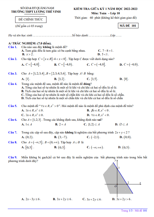 đề giữa học kỳ 1 toán 10 năm 2022 – 2023 trường thpt lương thế vinh – quảng nam