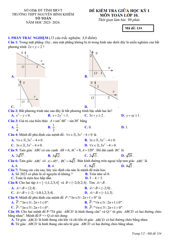 đề giữa học kỳ 1 toán 10 năm 2023 – 2024 trường thpt nguyễn bỉnh khiêm – br vt