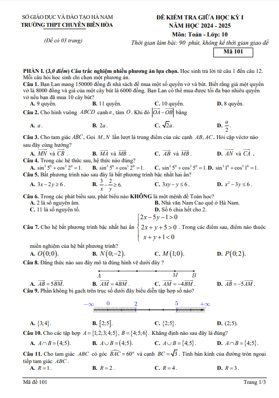 đề giữa học kỳ 1 toán 10 năm 2024 – 2025 trường chuyên biên hòa – hà nam