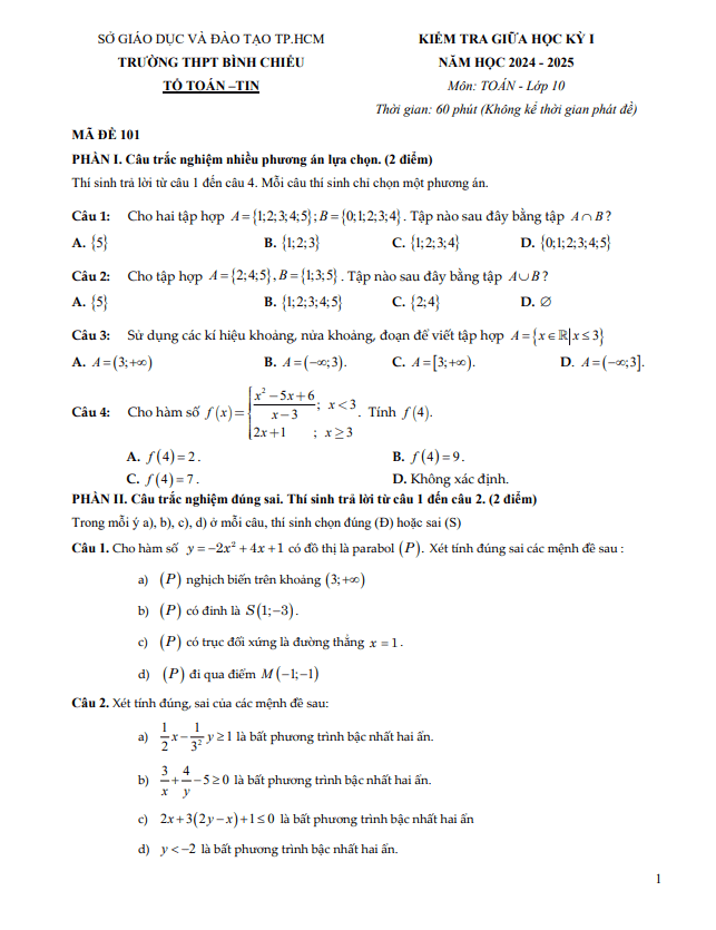 đề giữa học kỳ 1 toán 10 năm 2024 – 2025 trường thpt bình chiểu – tp hcm