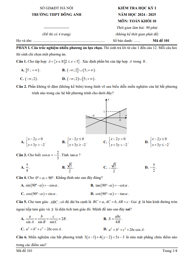 đề giữa học kỳ 1 toán 10 năm 2024 – 2025 trường thpt đông anh – hà nội