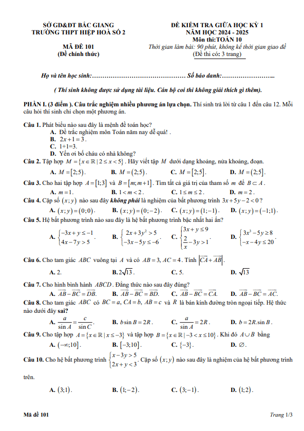 đề giữa học kỳ 1 toán 10 năm 2024 – 2025 trường thpt hiệp hòa 2 – bắc giang