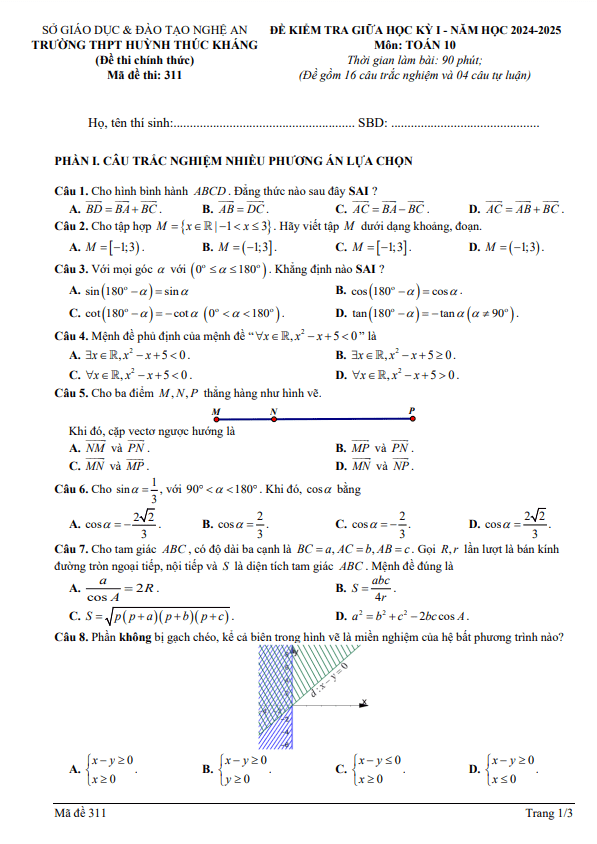 đề giữa học kỳ 1 toán 10 năm 2024 – 2025 trường thpt huỳnh thúc kháng – nghệ an
