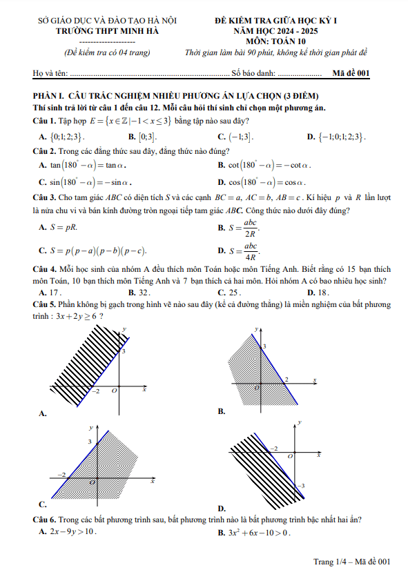 đề giữa học kỳ 1 toán 10 năm 2024 – 2025 trường thpt minh hà – hà nội