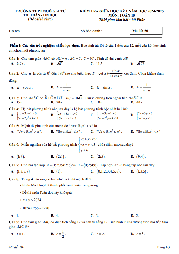 đề giữa học kỳ 1 toán 10 năm 2024 – 2025 trường thpt ngô gia tự – đắk lắk