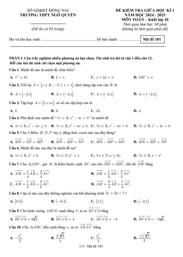 đề giữa học kỳ 1 toán 10 năm 2024 – 2025 trường thpt ngô quyền – đồng nai