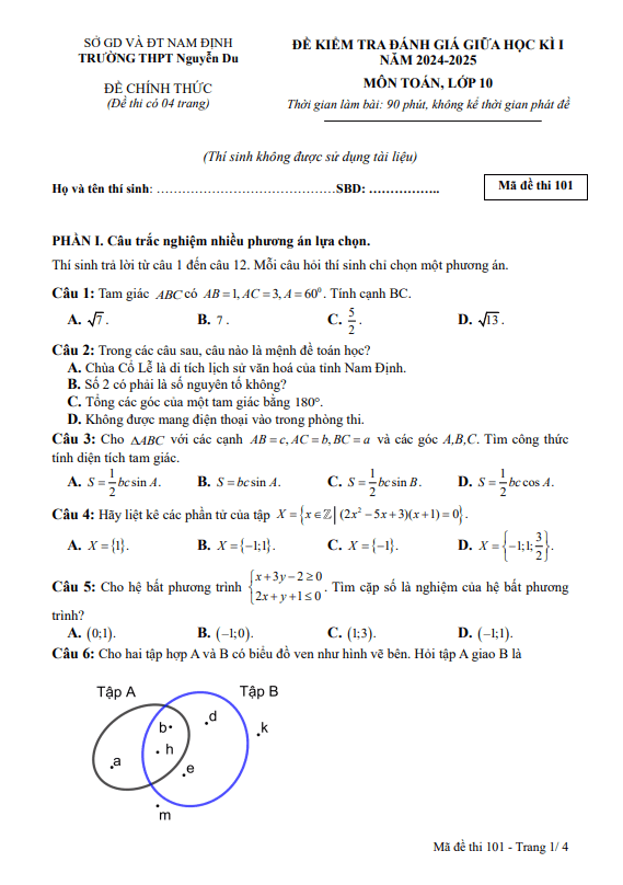 đề giữa học kỳ 1 toán 10 năm 2024 – 2025 trường thpt nguyễn du – nam định