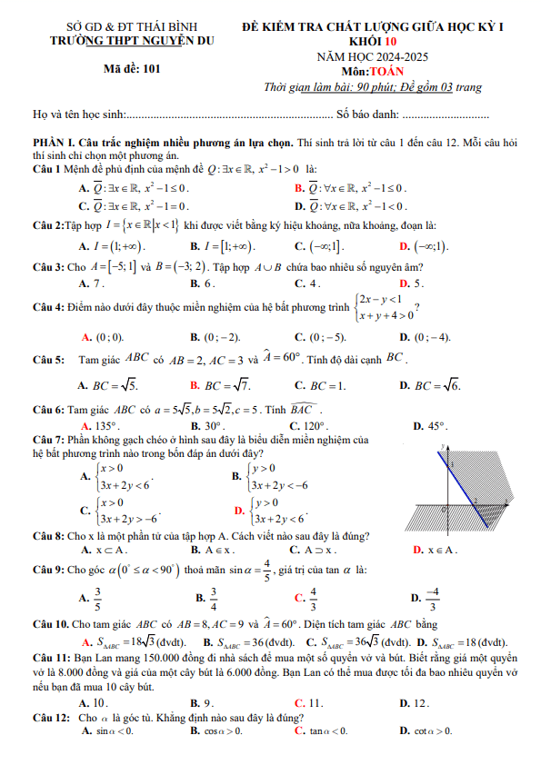 đề giữa học kỳ 1 toán 10 năm 2024 – 2025 trường thpt nguyễn du – thái bình