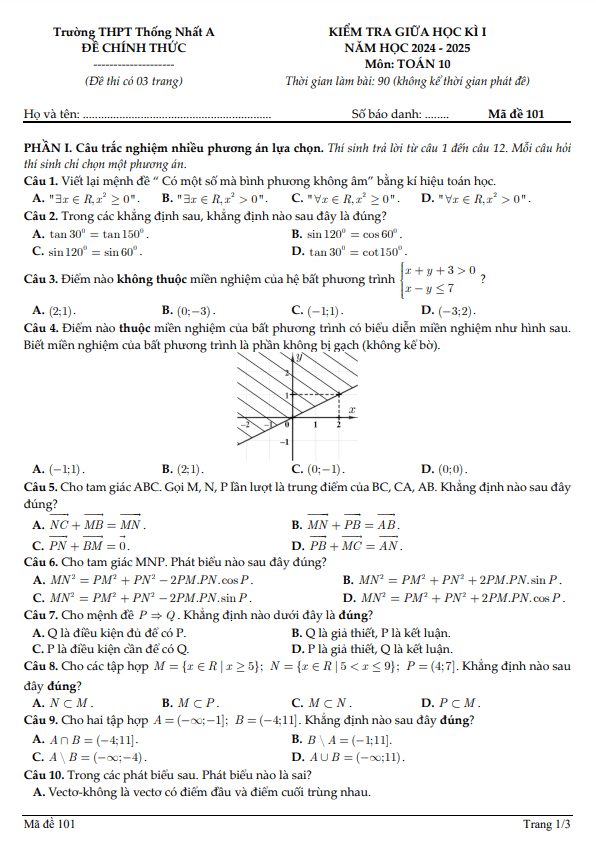 đề giữa học kỳ 1 toán 10 năm 2024 – 2025 trường thpt thống nhất a – đồng nai