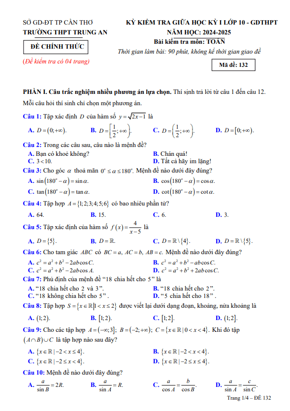 đề giữa học kỳ 1 toán 10 năm 2024 – 2025 trường thpt trung an – cần thơ
