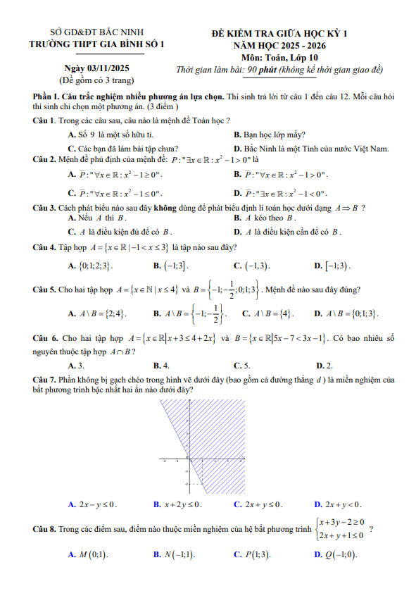 đề giữa học kỳ 1 toán 10 năm 2025 – 2026 trường thpt gia bình 1 – bắc ninh